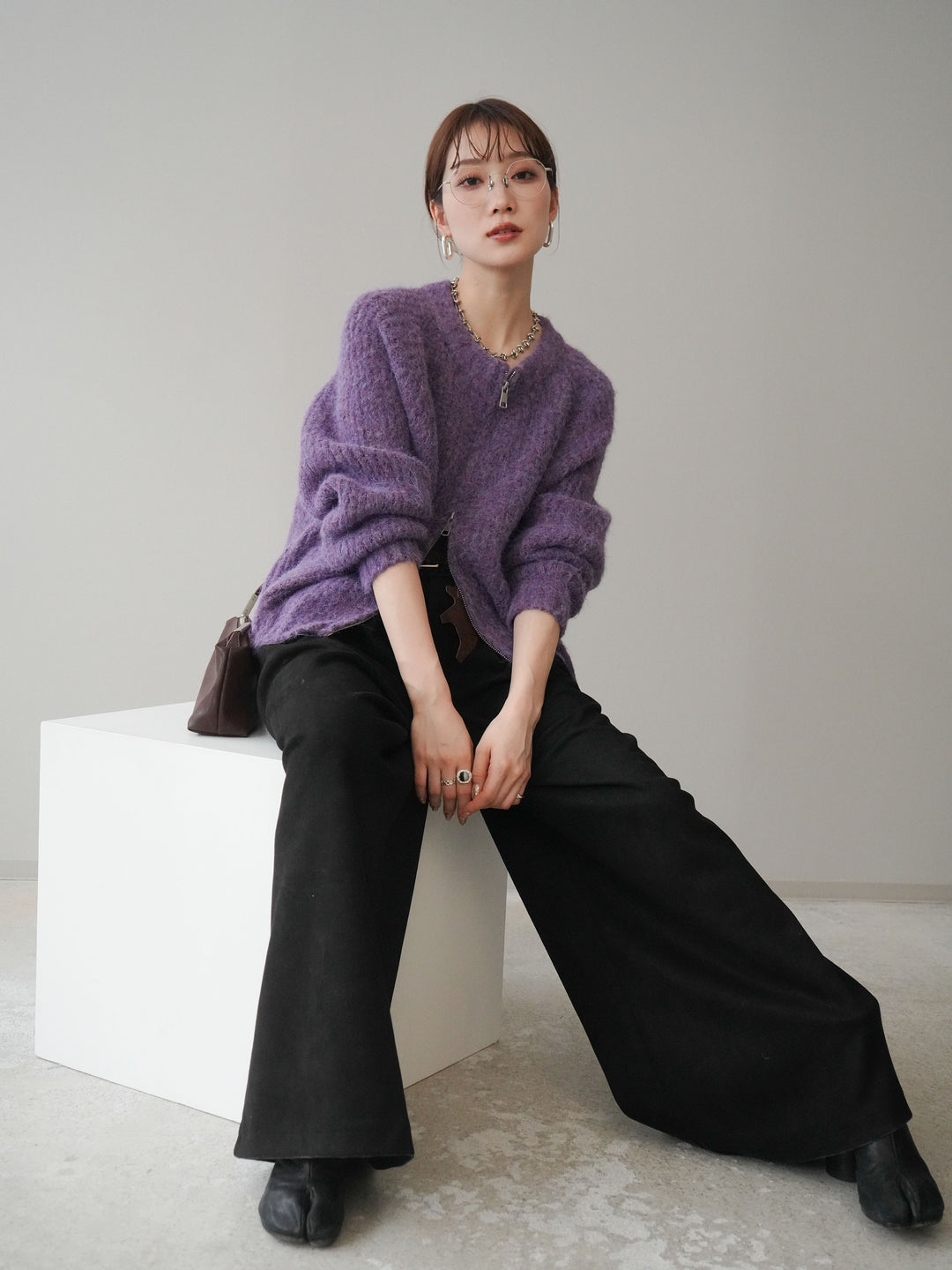 [予約]MIXヤーンモヘアタッチZIPニットカーディガン/purple