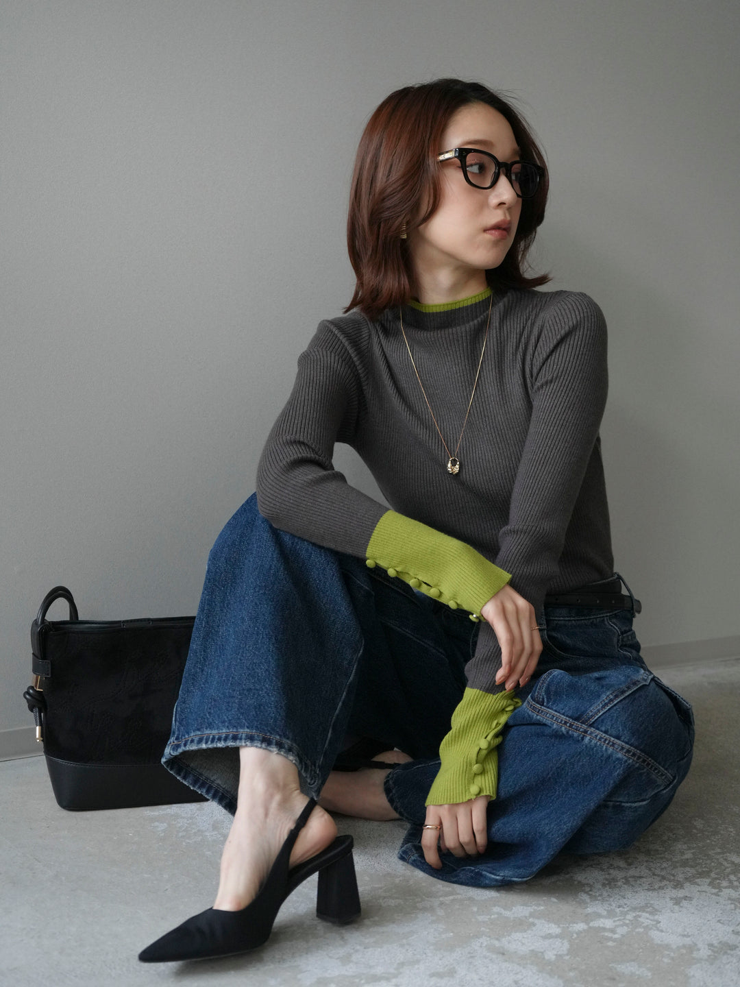 [SET]袖ボタンハイネック配色リブニットトップス+袖ボタンハイネック配色リブニットトップス(2set)