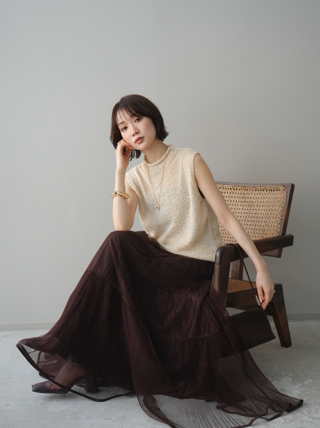 [予約]ノースリーブリネンタッチシアーニットプルオーバー/beige