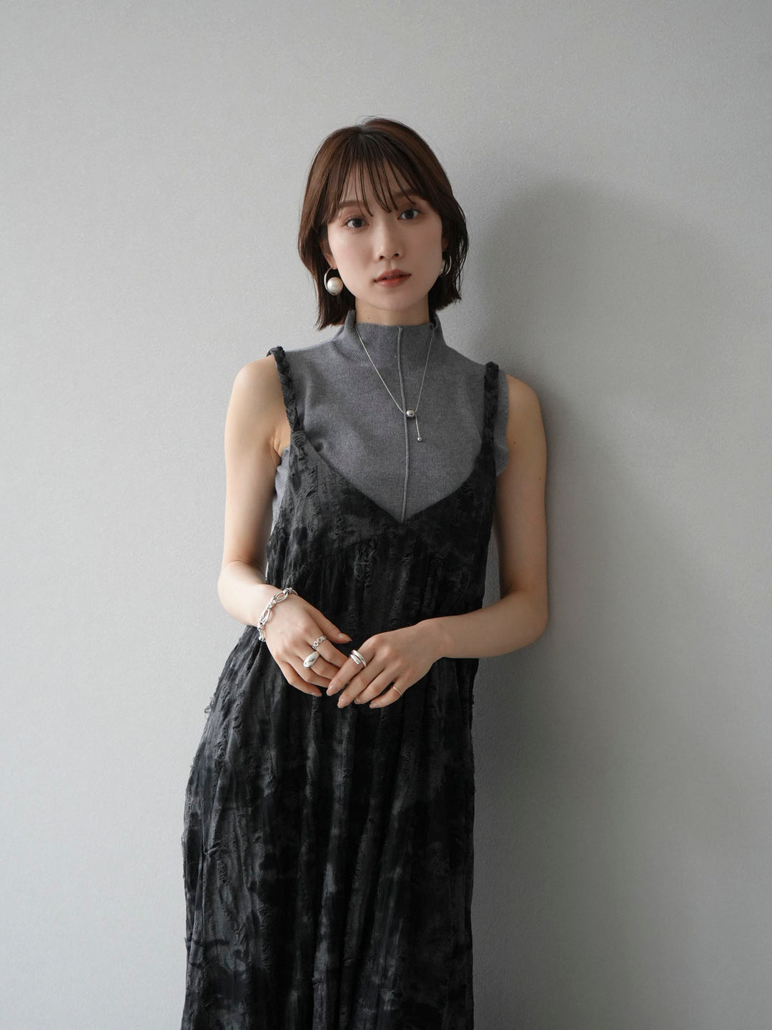 [Pre-order] Damaged Nuance Pattern Braided String Cami Dress/Black