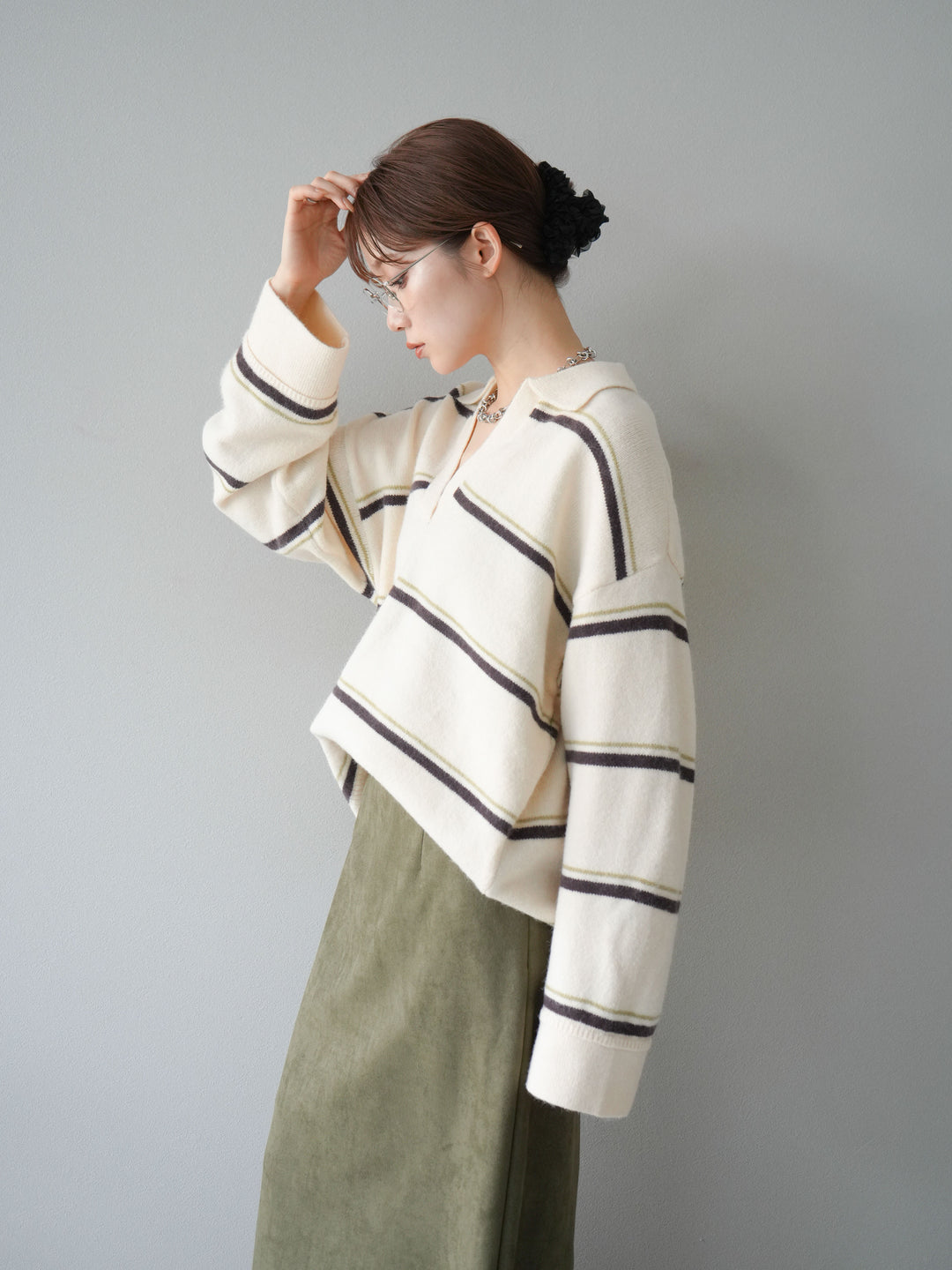 [SET]ポロ襟スキッパーボーダーニットプルオーバー+スウェードIラインスカート(2set)