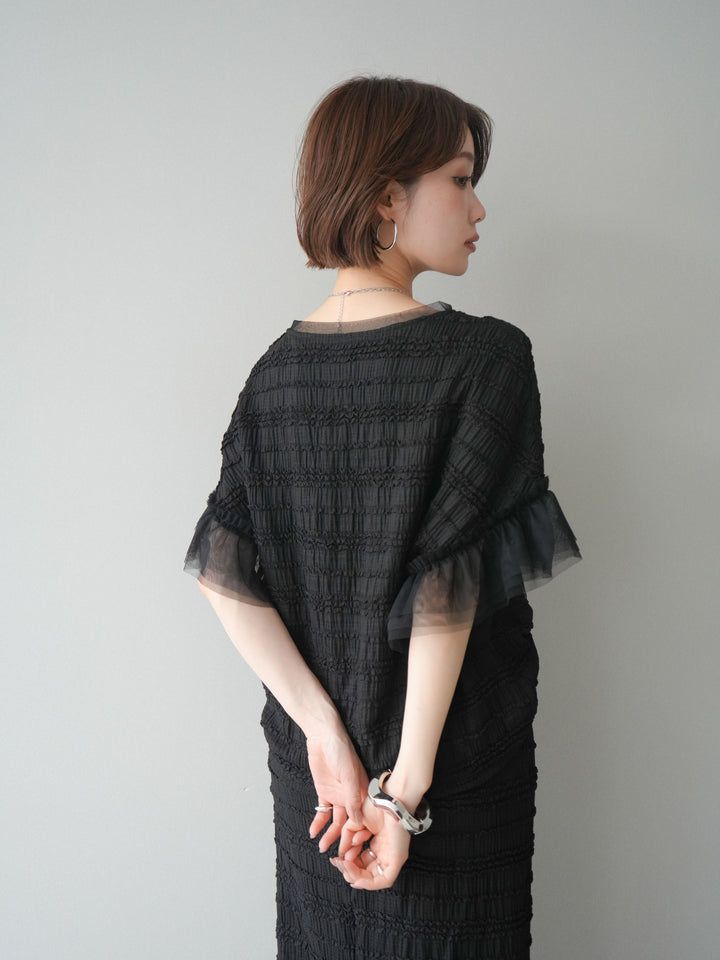 [SET]チュール袖リップルトップス+リップルIラインスカート(2set)