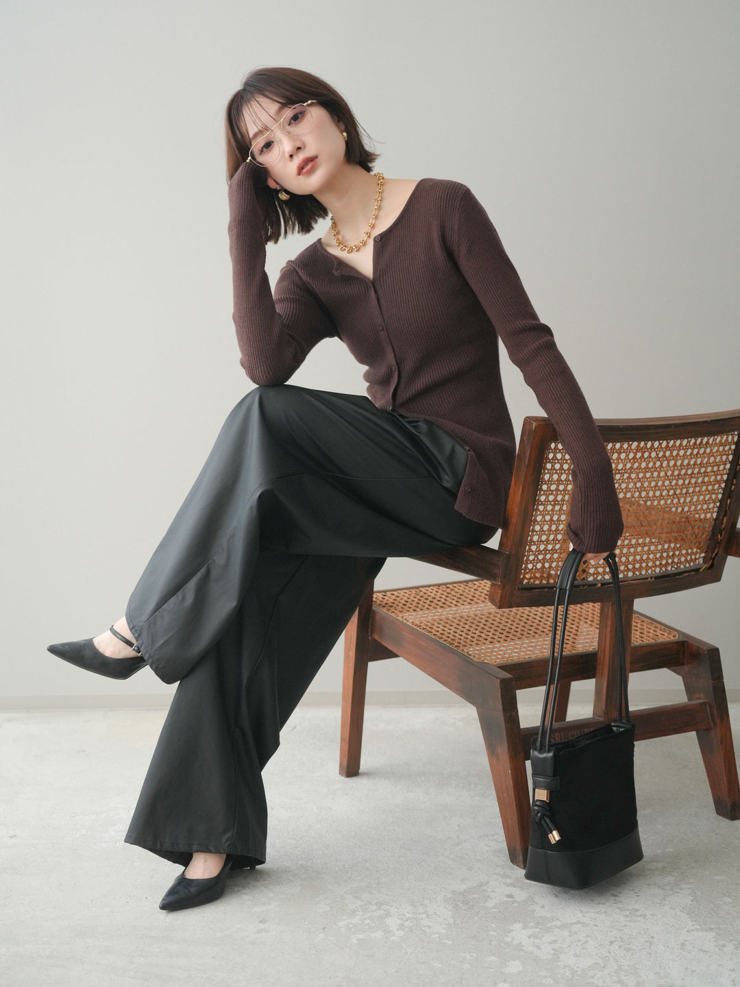 [予約]前後2WAYリブ編みクルーネックカーディガン/darkbrown