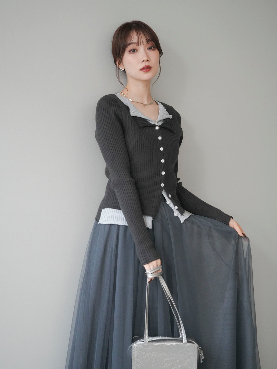 [予約]配色レイヤードリブニットカーディガン/charcoal