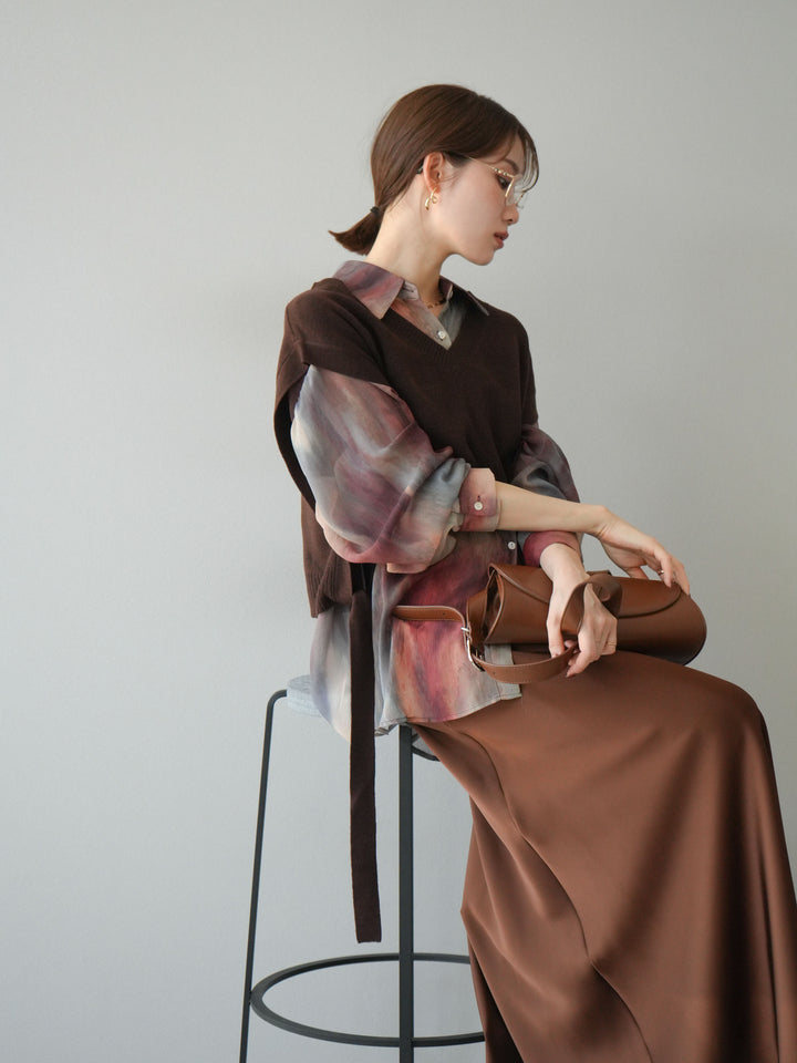 [予約]サイドリボンVネックショートニットベスト/ブラウン