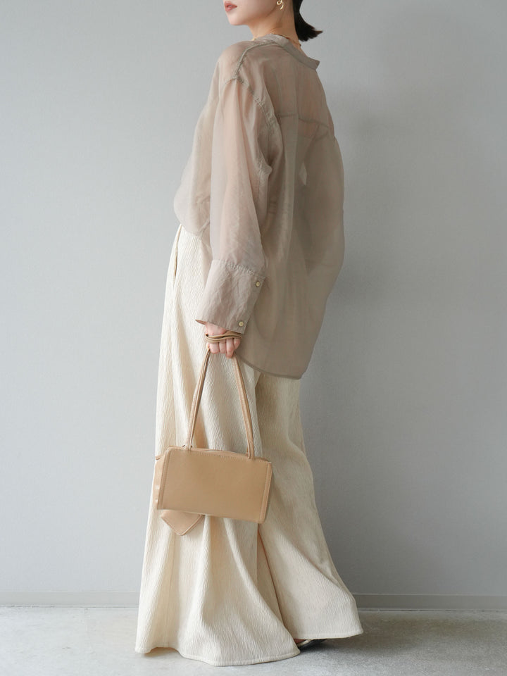 [SET] 亮面透視立領襯衫 + 柳葉寬褲 (2set)