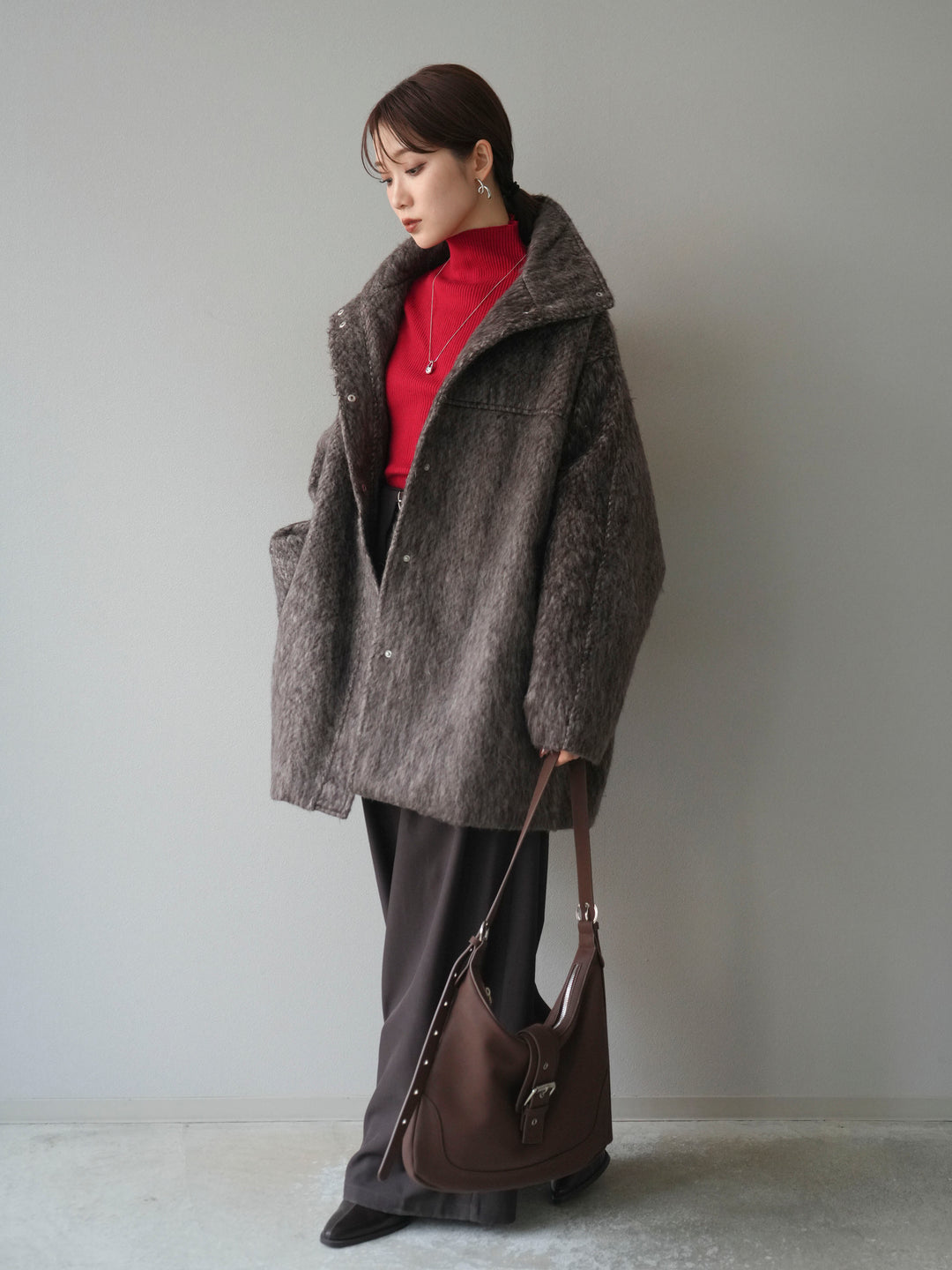 [予約]スタンドカラーシャギーコート/brown