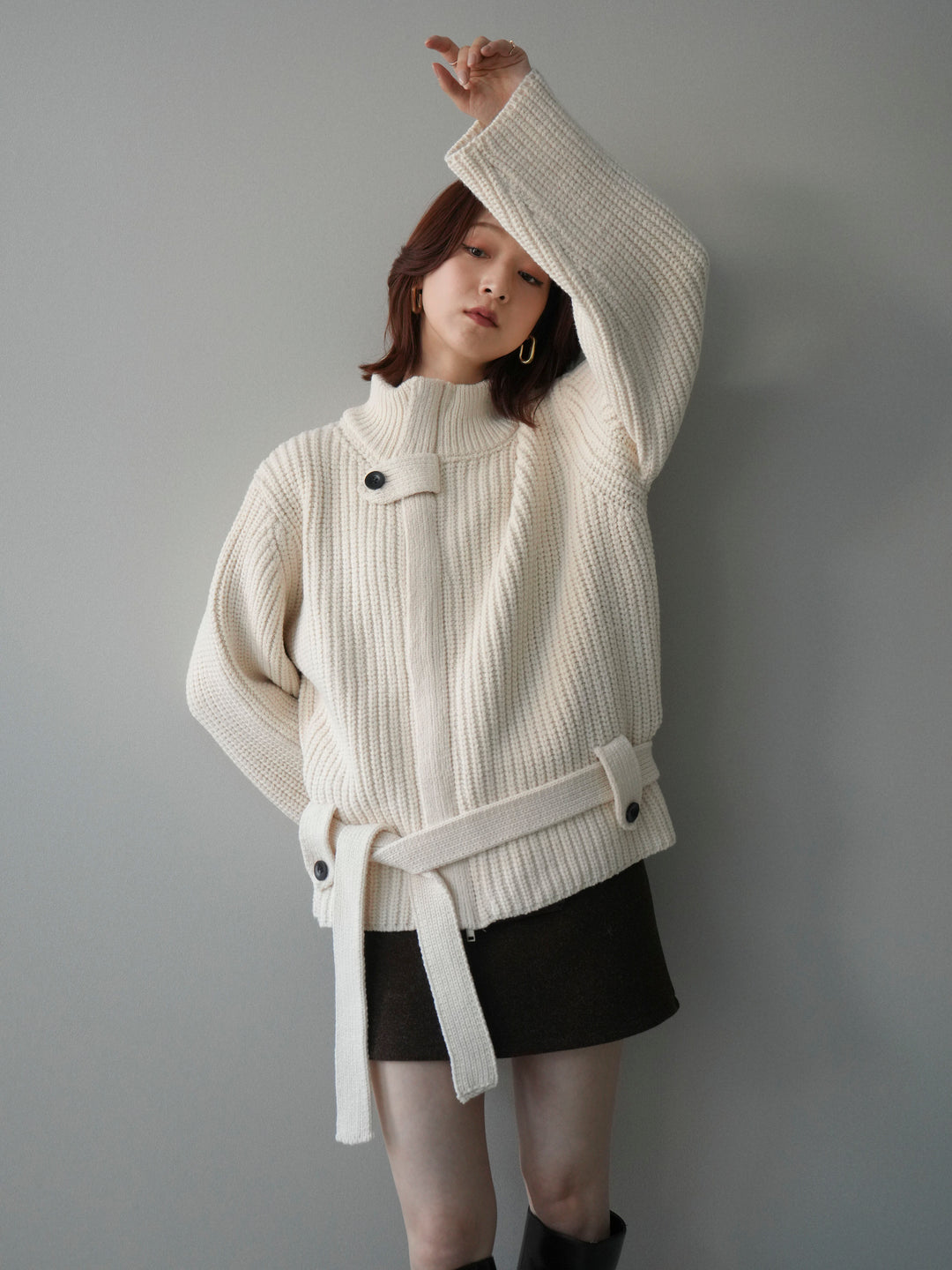 [予約]畦編みボトルネックZIPニットカーディガン/white
