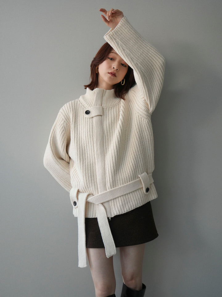 [予約]畦編みボトルネックZIPニットカーディガン/white
