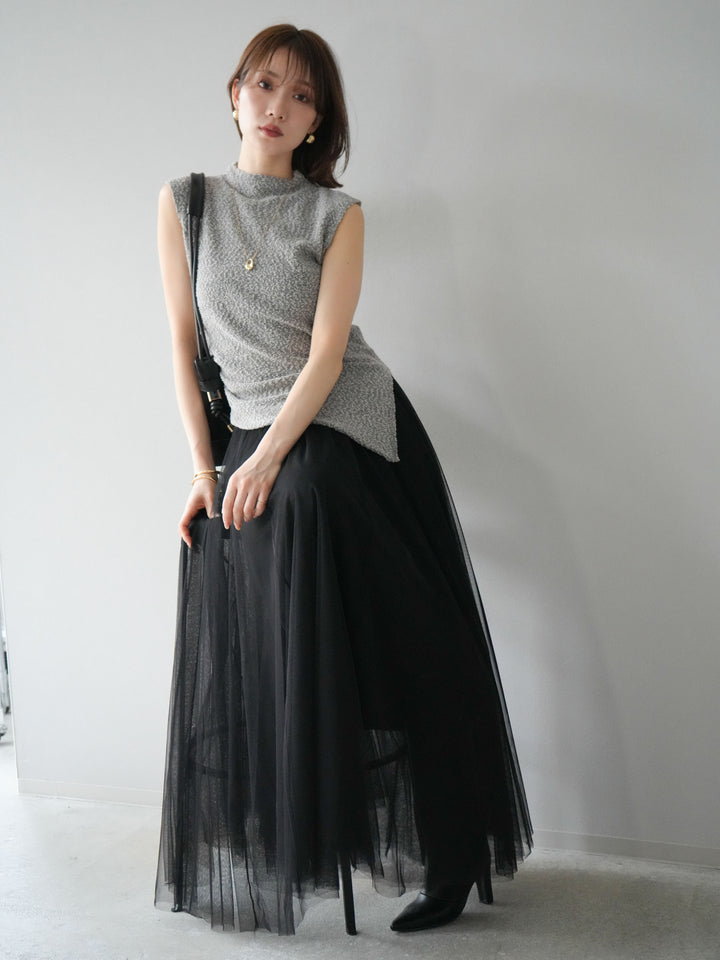 [SET]ブークレアシメニットノースリーブトップス+チュールボリュームスカート(2set)