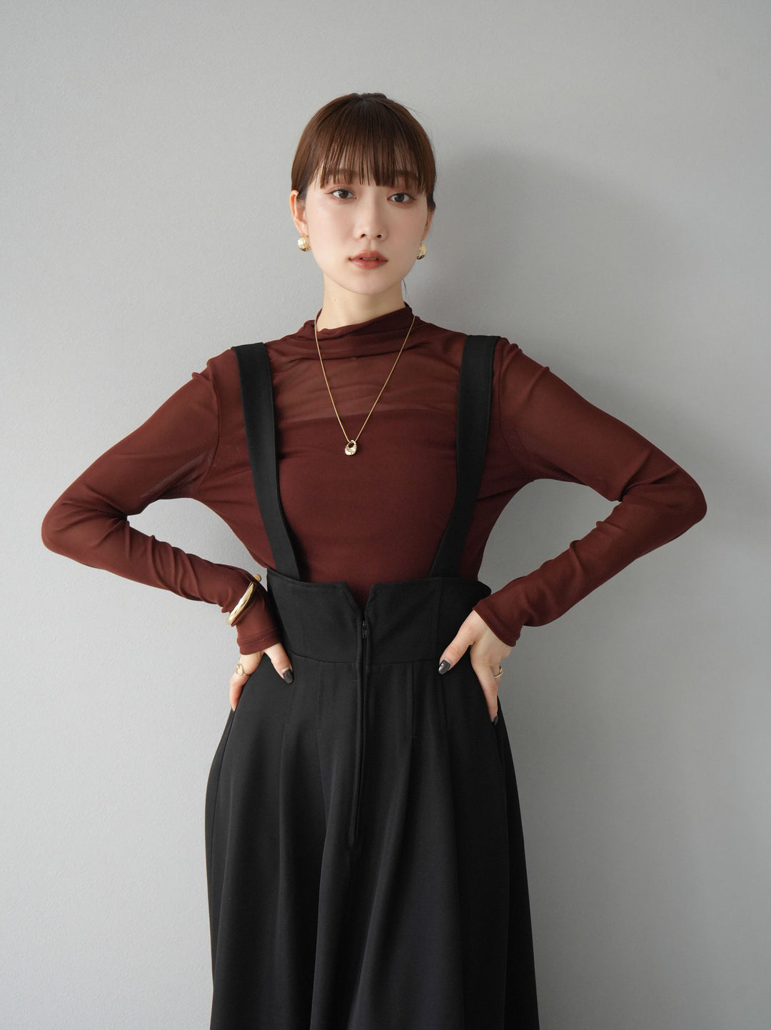 [予約]シアー切替ストレッチ長袖トップス/ブラウン