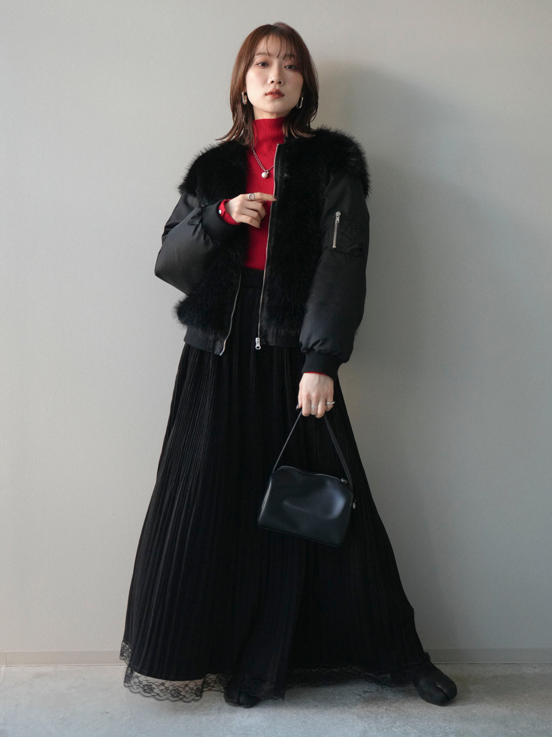 [SET]ファードッキングMA-1+袖ボタンボトルネックリブニットトップス+裾レーススウェードプリーツマキシスカート(3set)