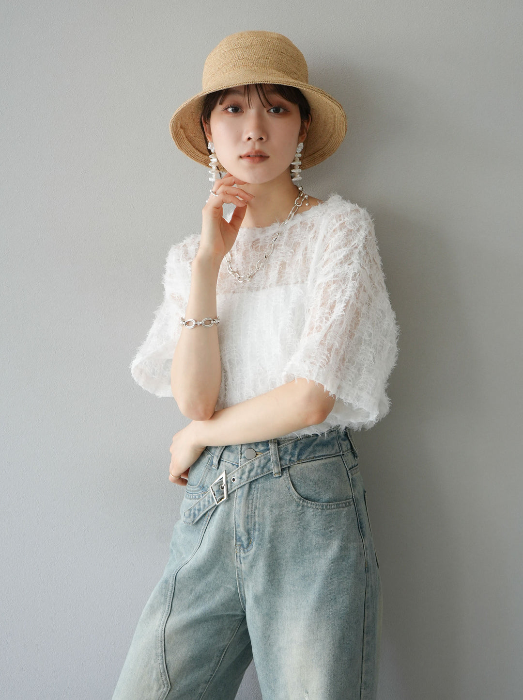 [Pre-order] Fringe Tulle 5/4 Sleeve Over Top/Off-White