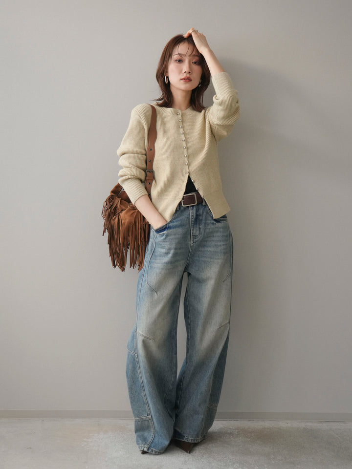 [SET]シルバーボタン畦編みニットカーディガン+ベルト付カーブデニムパンツ(2set)