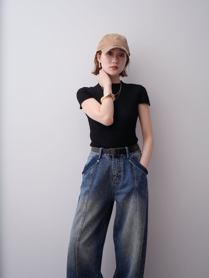 [予約]ウェーブハイネックフレンチニットトップス/black