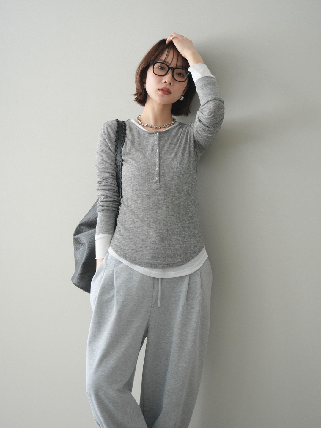 [予約]シアーリブヘンリーネックロンT/gray