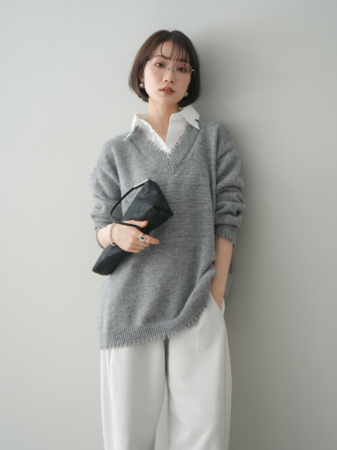 [予約]シャツドッキングVネックフリンジニットプルオーバー/gray