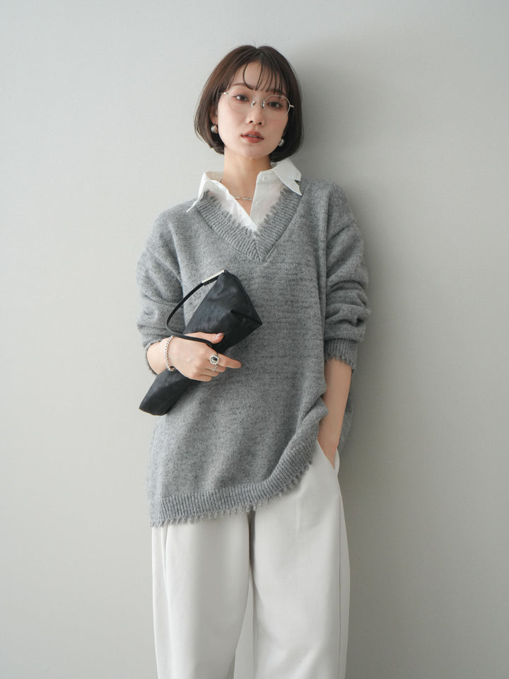 [予約]シャツドッキングVネックフリンジニットプルオーバー/gray