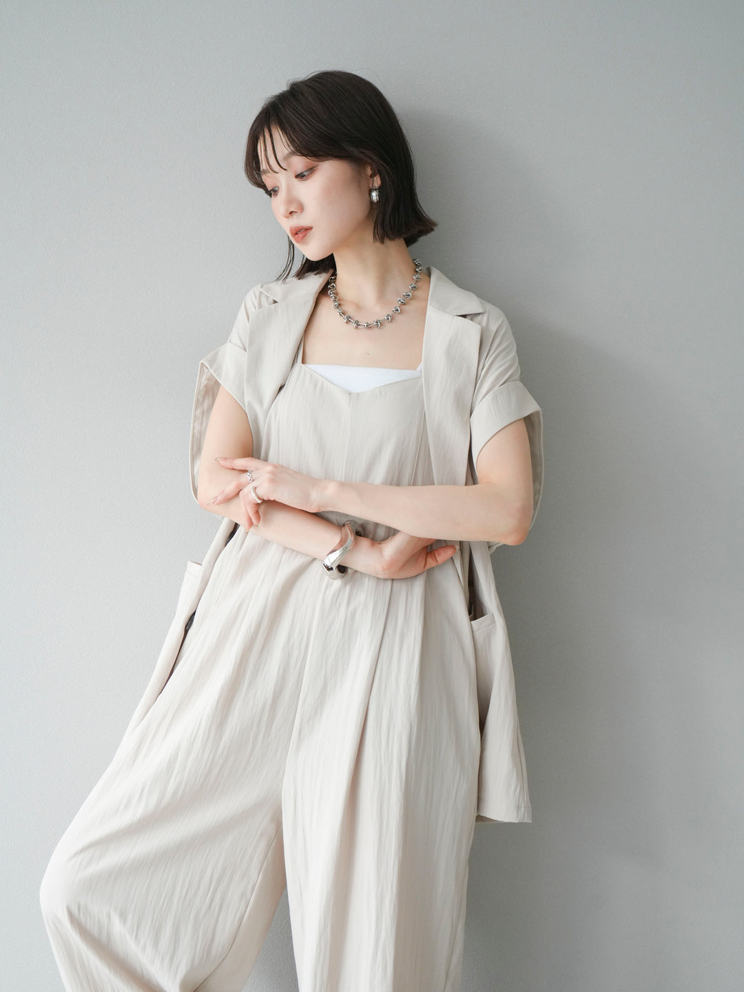 [予約]リネンライクビスチェデザインサロペット/エクリュ