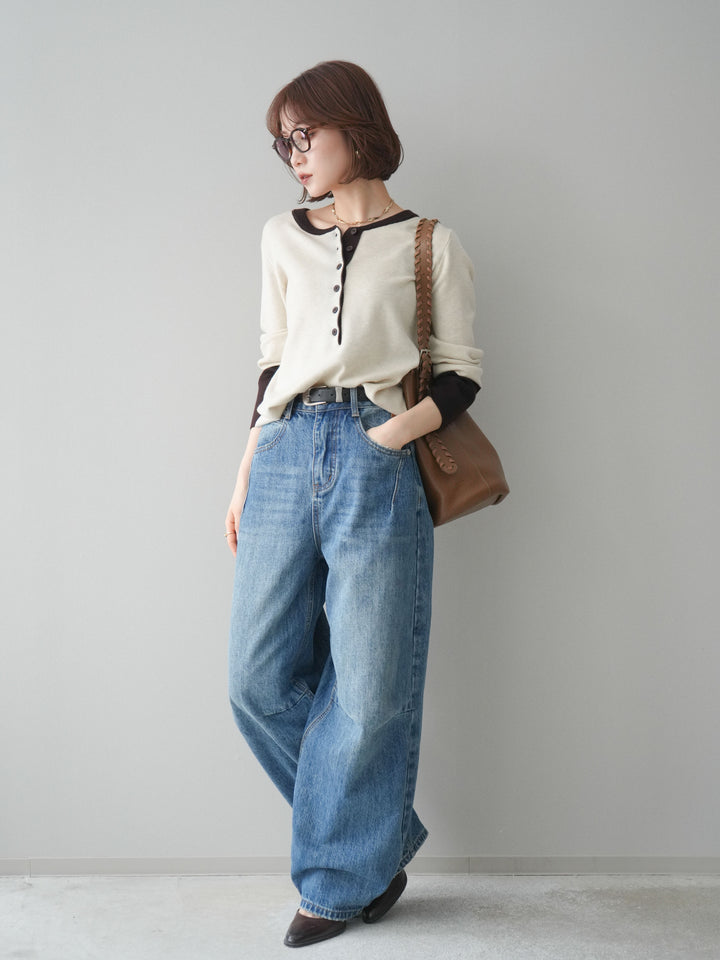 [SET]ヘンリーネック配色ニットソー+ベルト付3Dカーブワイドデニムパンツ(2set)