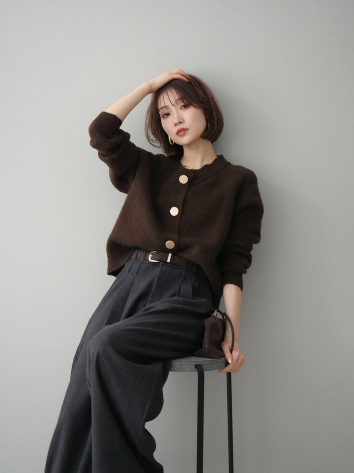 [SET]BIGボタンニットカーディガン+アニマル柄ベルト付きウールタッチワイドパンツ(2set)