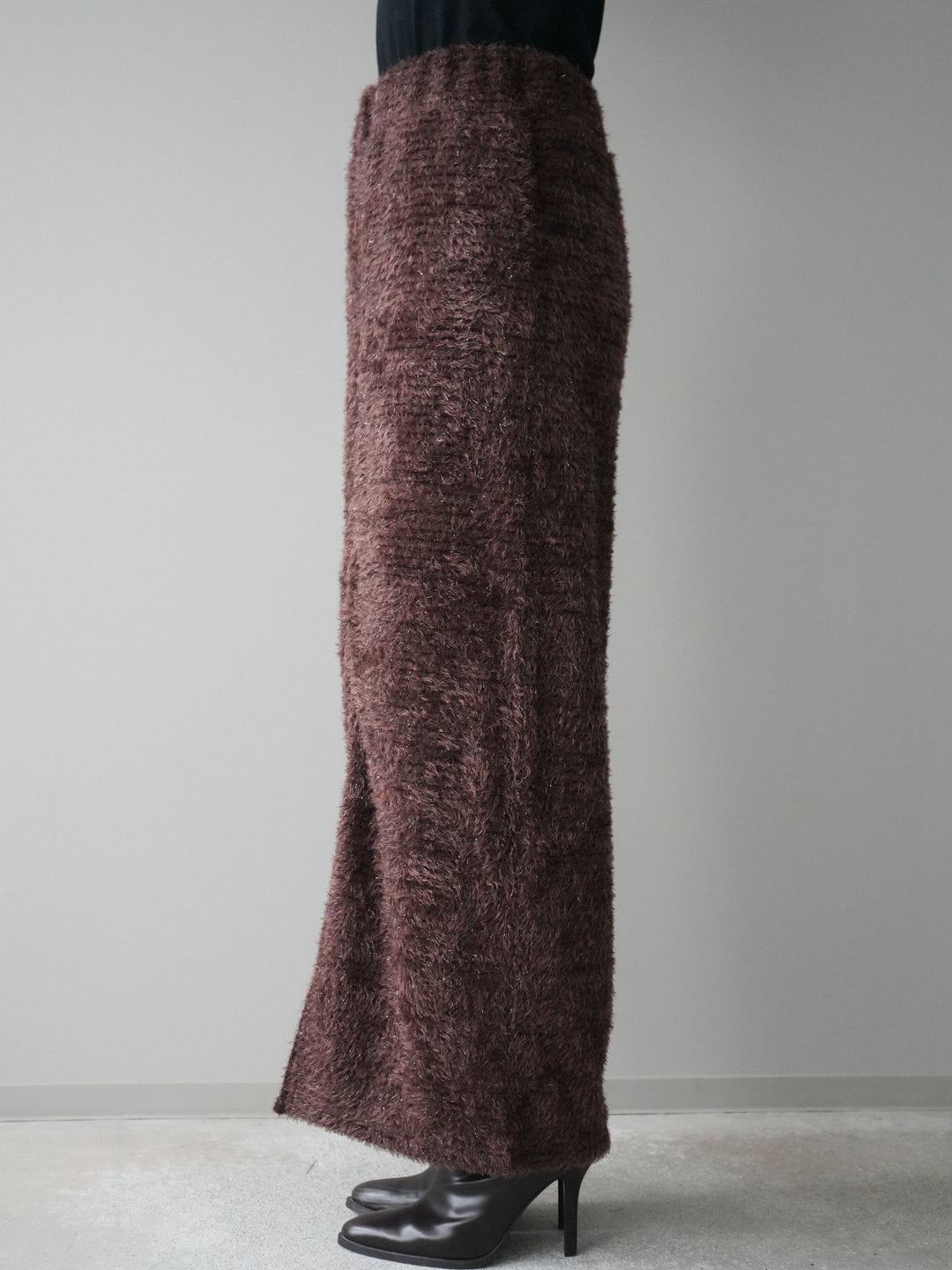 [予約]ラメシャギーフロントジップスカート/brown