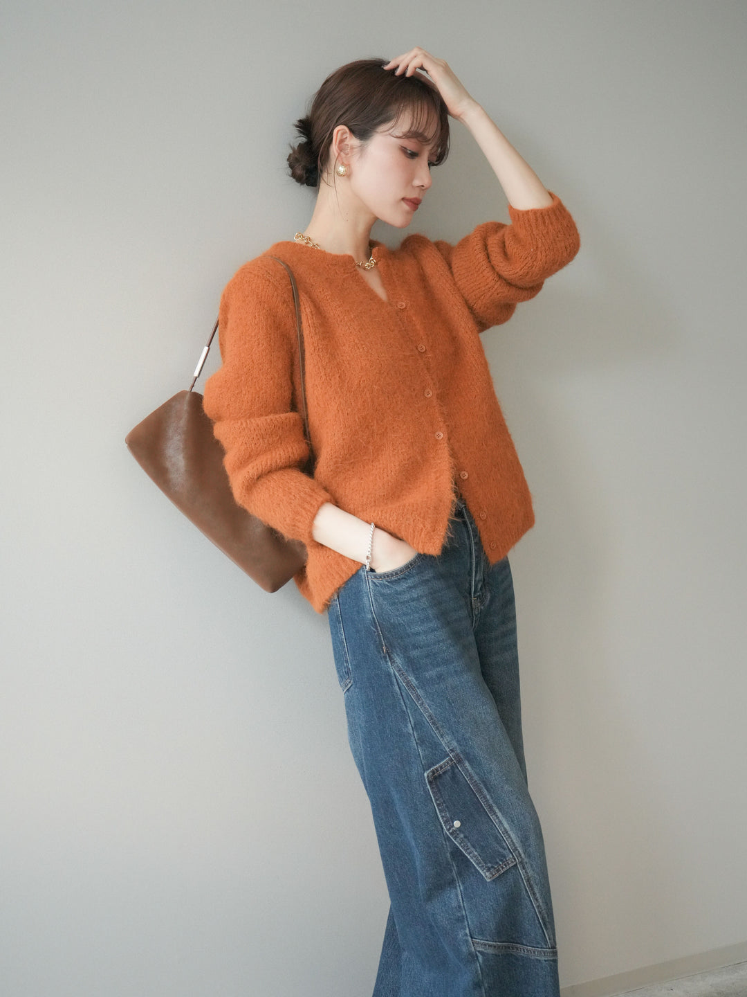 [予約]キーネックシャギーニットカーディガン/camel