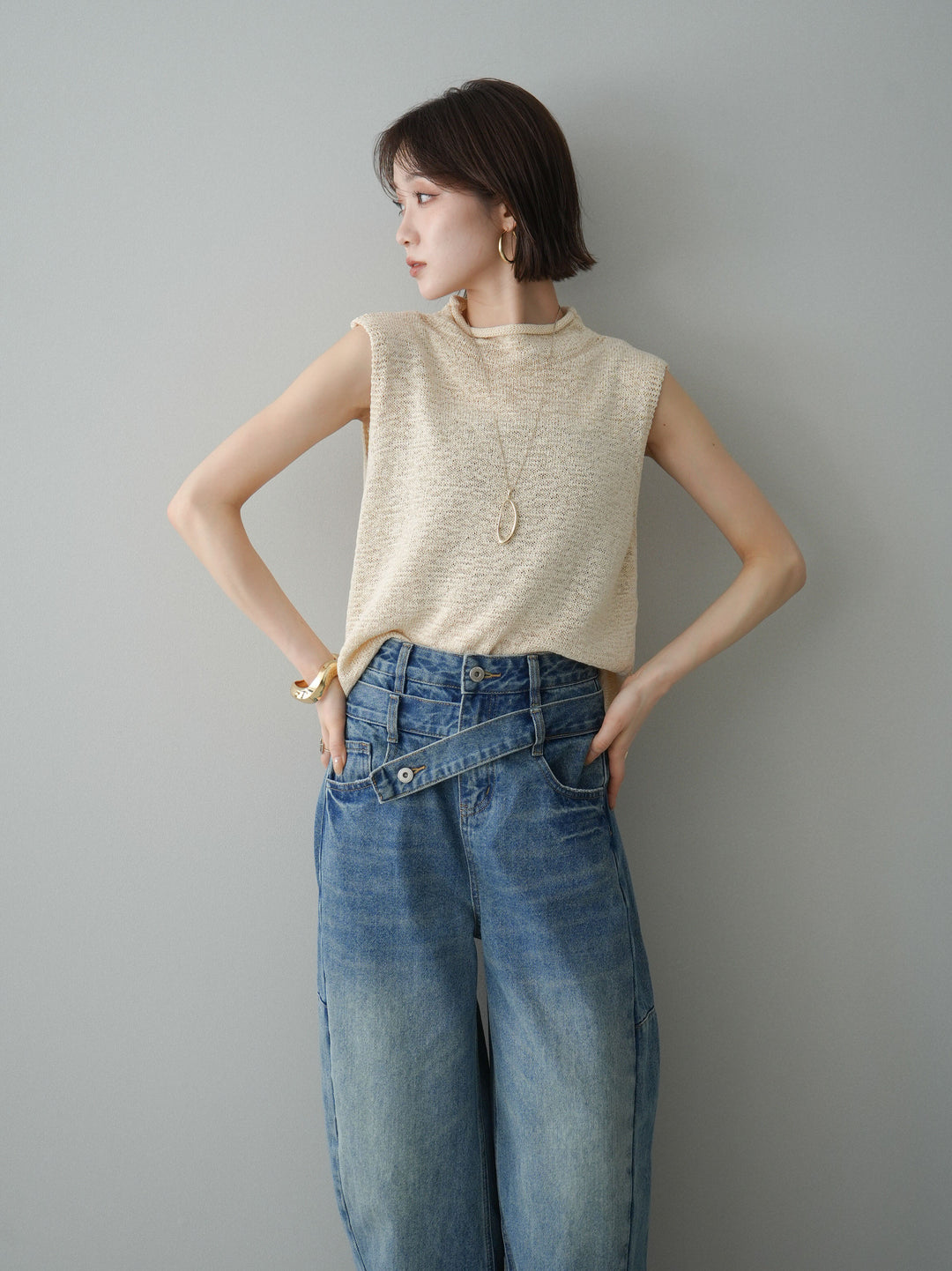 [予約]ノースリーブリネンタッチシアーニットプルオーバー/beige