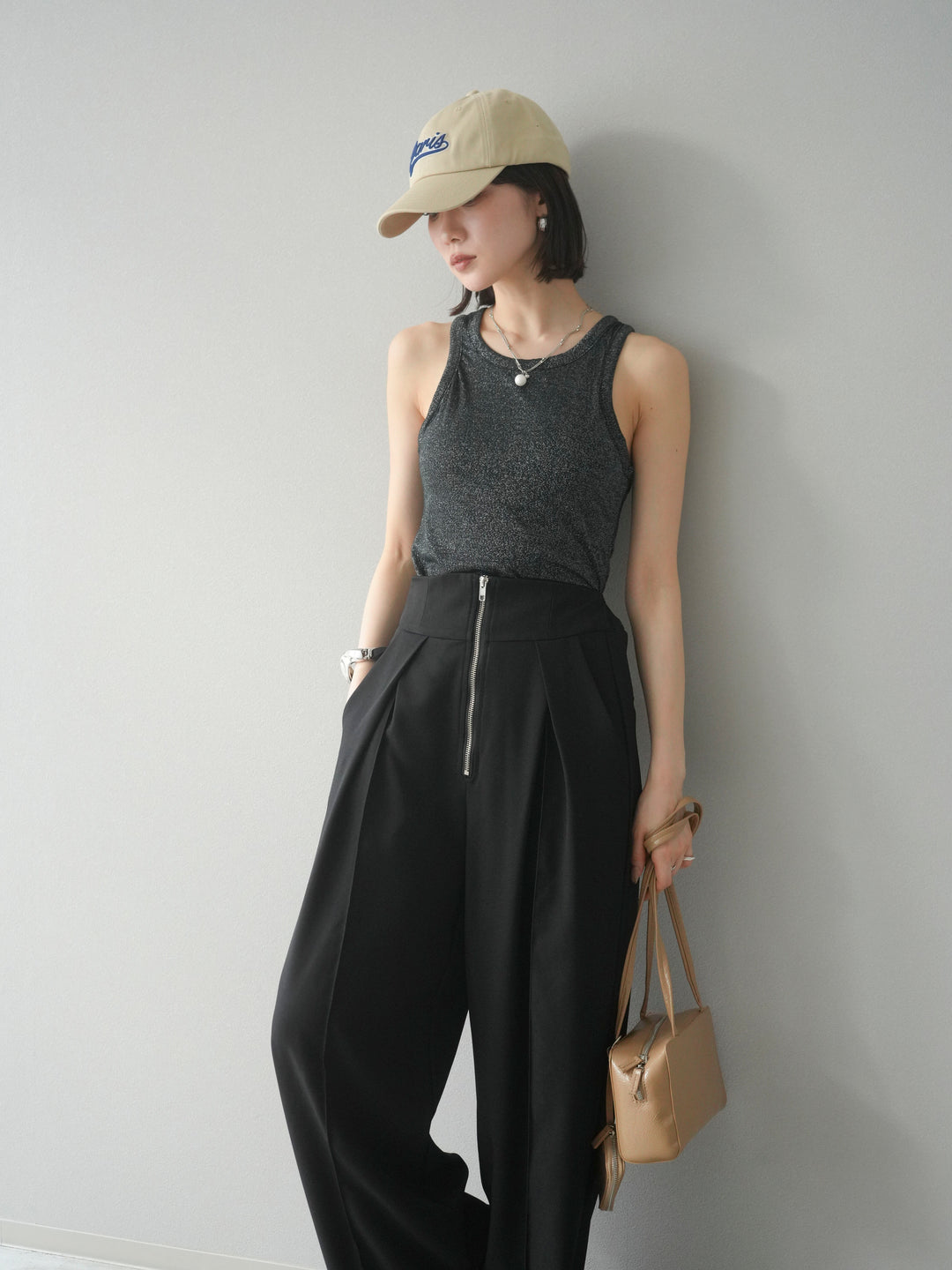 [予約]カップ付きラメアメスリブラトップ/ブラック