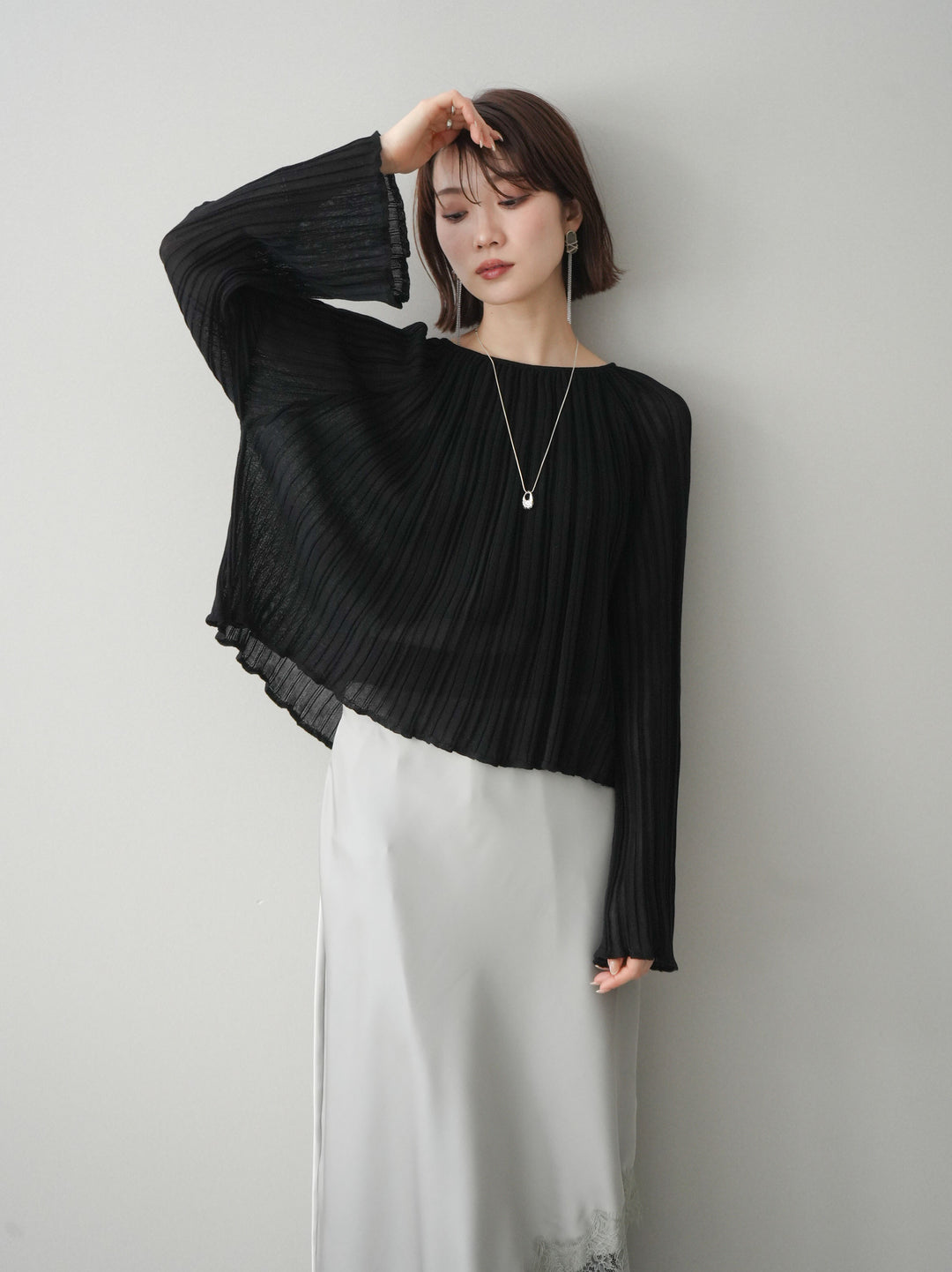 [SET]プリーツシアーフレアスリーブニットトップス+選べるアクセセット(2set)