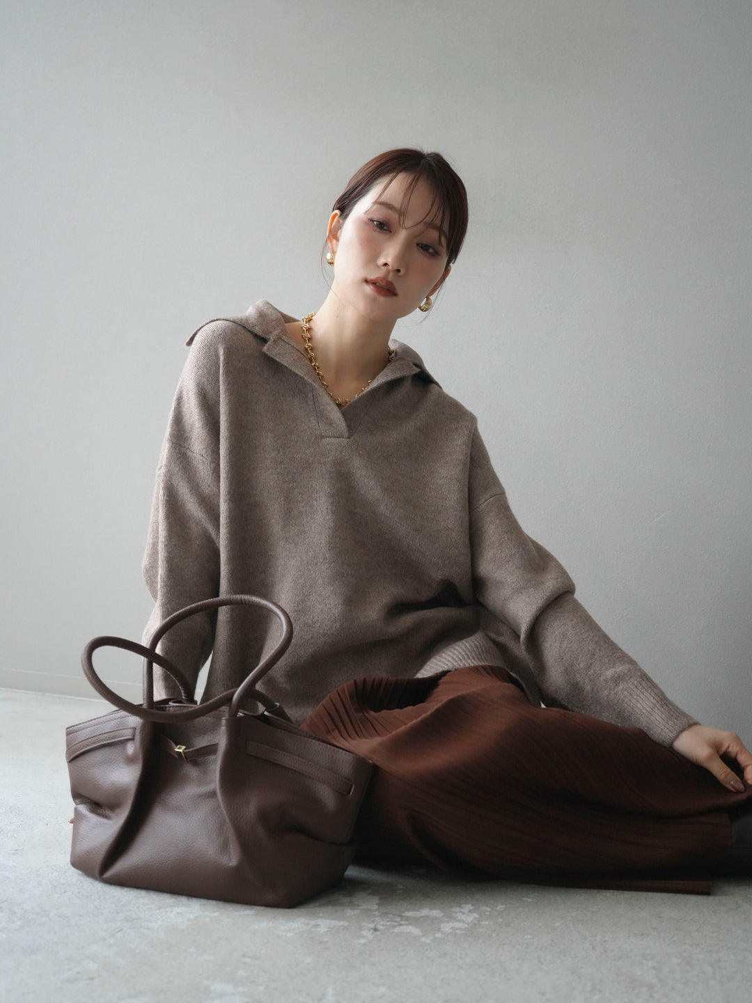 [予約]スキッパーオーバーニットプルオーバー/greige