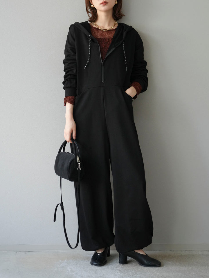 [予約]ミニ裏毛フーディージャンプスーツ/ブラック