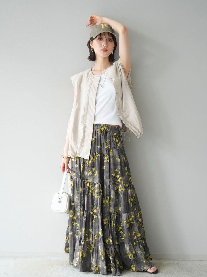 [SET]リネンライクドロストバルーンブルゾン+フラワーワッシャープリーツスカート(2set)