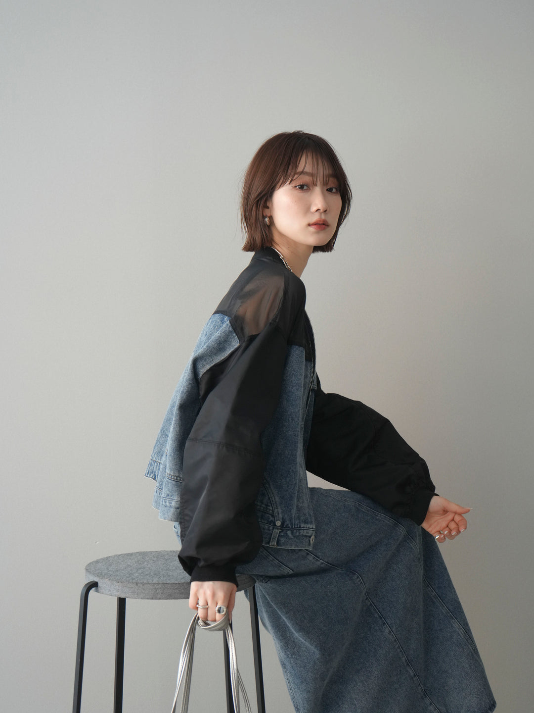 [SET]異素材デニムブルゾン+フロントジップデニムスカート(2set)