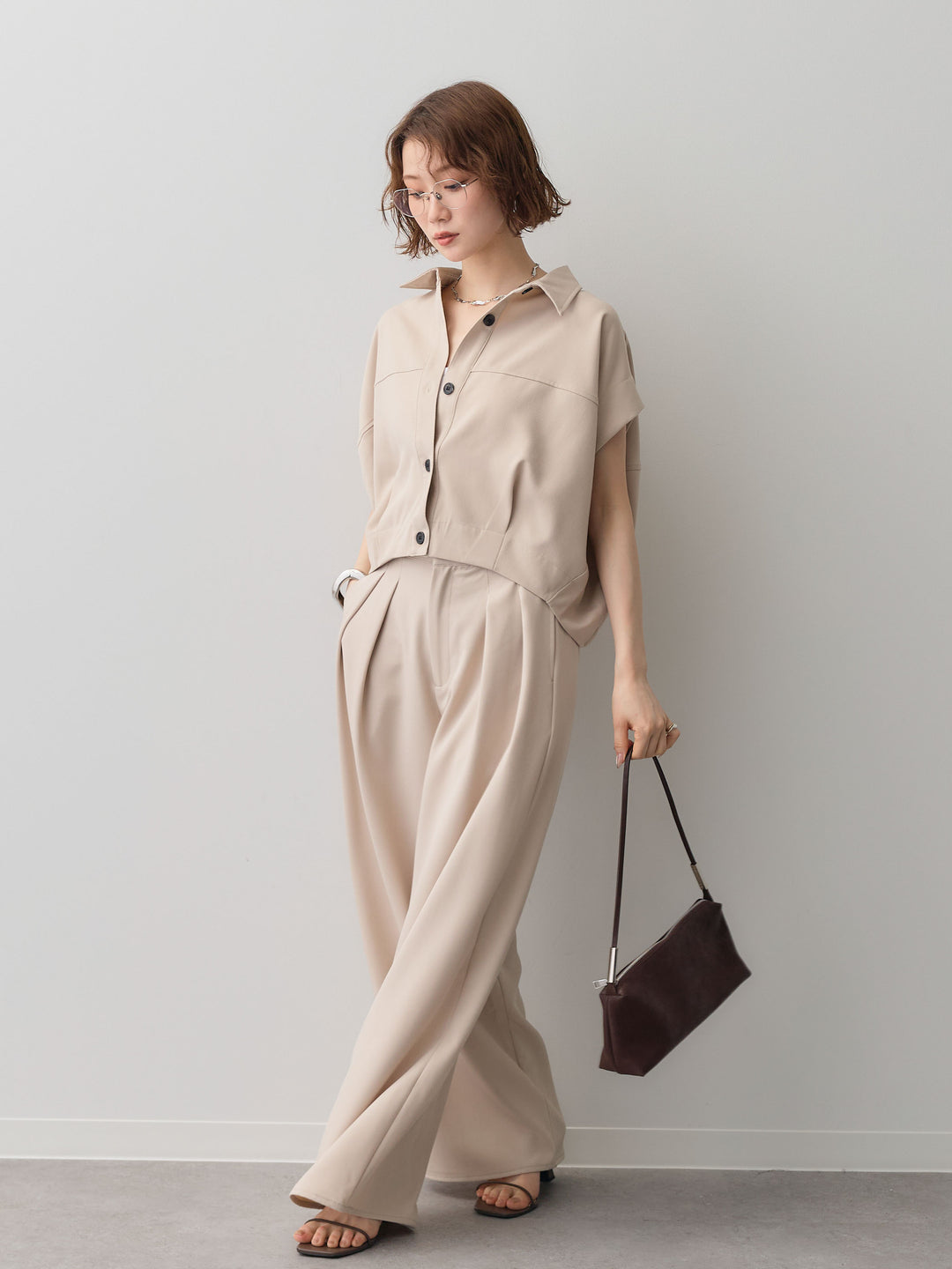 【套裝】縐綢燈籠無袖襯衫 + 縐綢闊腿褲（兩件套）