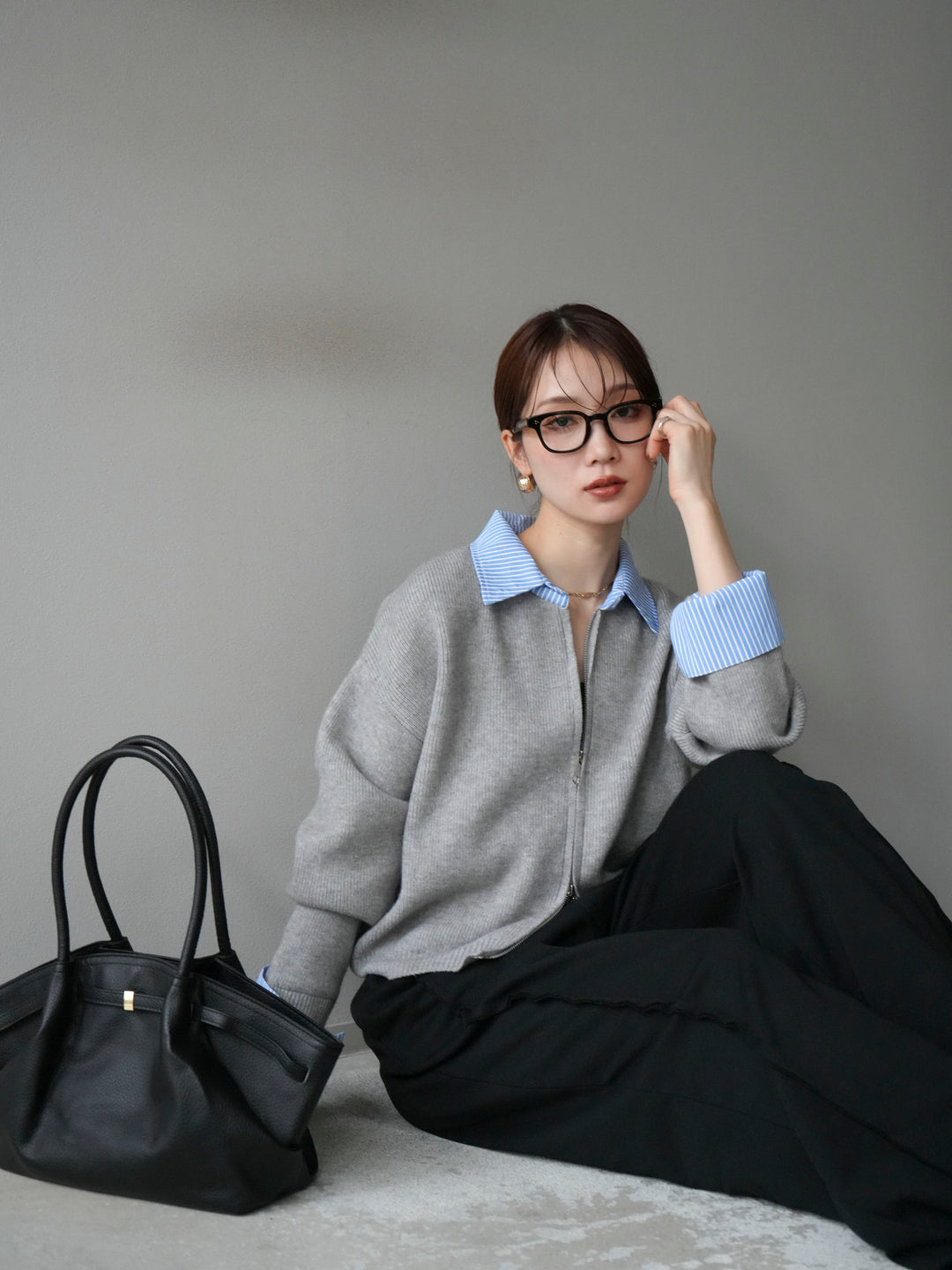 [SET]ストライプシャツレイヤードZIPニットカーディガン+ストライプシャツレイヤードZIPニットカーディガン(2set)