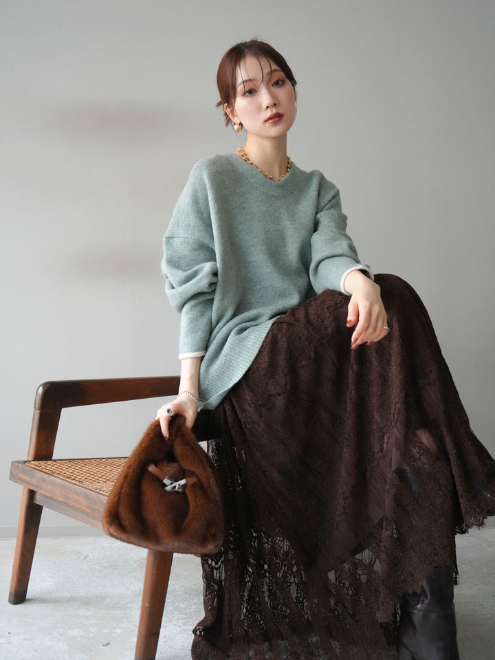 [SET]Vネック配色スリーブニットプルオーバー+選べるアクセセット(2set)