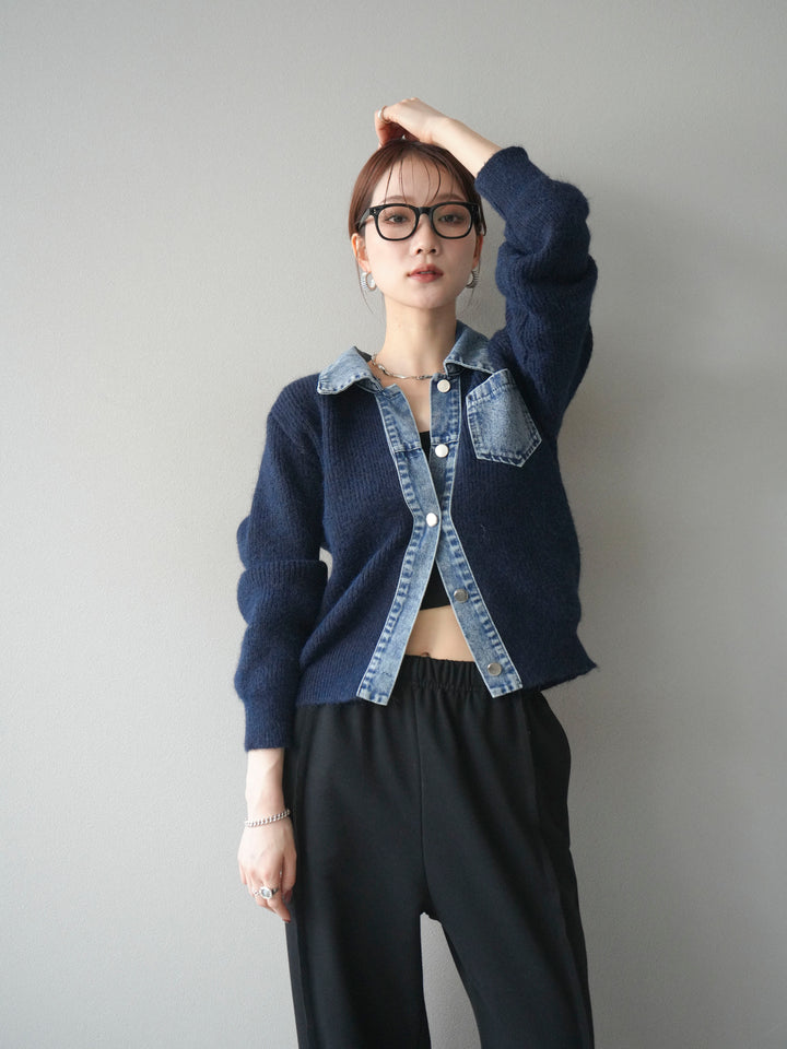 [予約]デニム襟ポケットニットカーディガン/navy