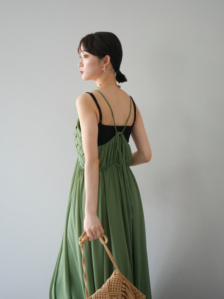 [SET]編み込みデザインシフォンワンピース+カップ付テレコリブベアキャミソール(2set)