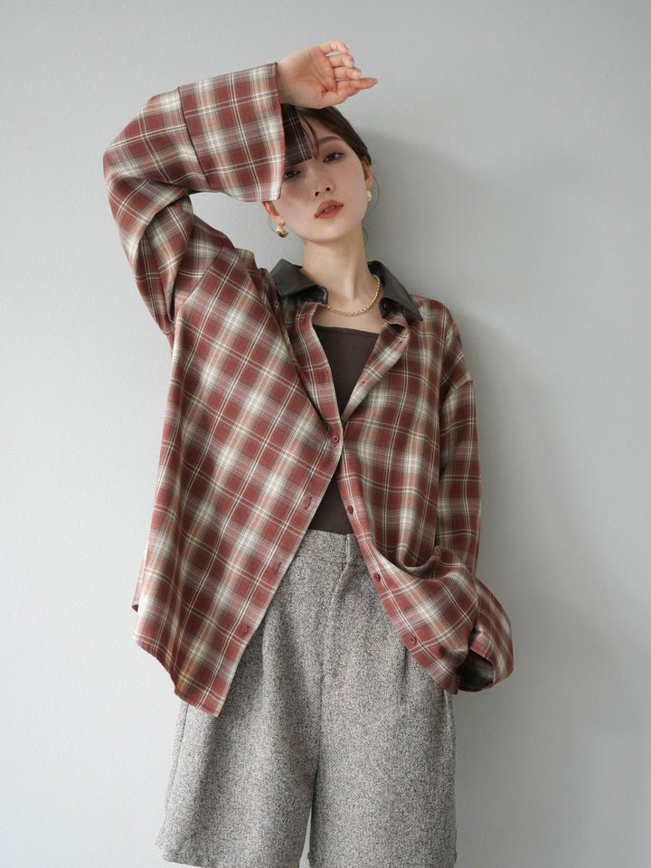 【着回しセット】[SET]レザー襟オンブレチェックオーバーシャツ +クラッシュベロアナロースカート+ツイードハーフパンツ(3set)