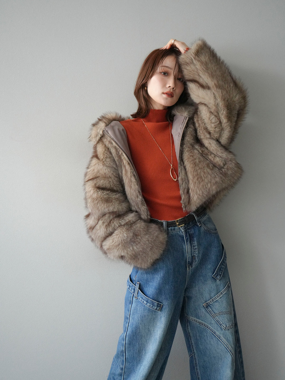 [予約]フェイクファーショートZIPジャケット/brownmix