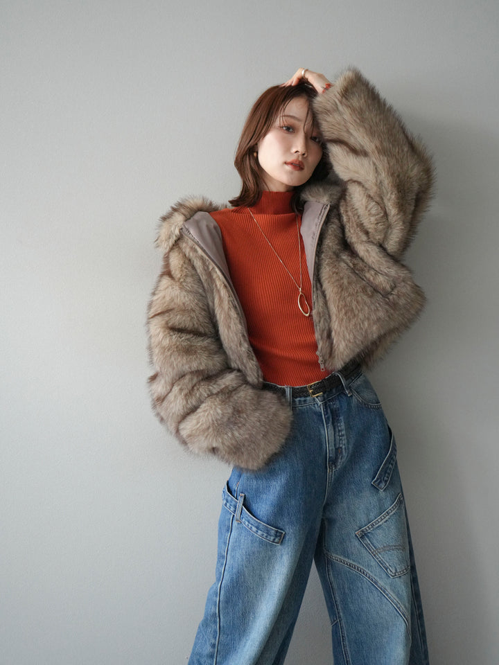 [予約]フェイクファーショートZIPジャケット/brownmix