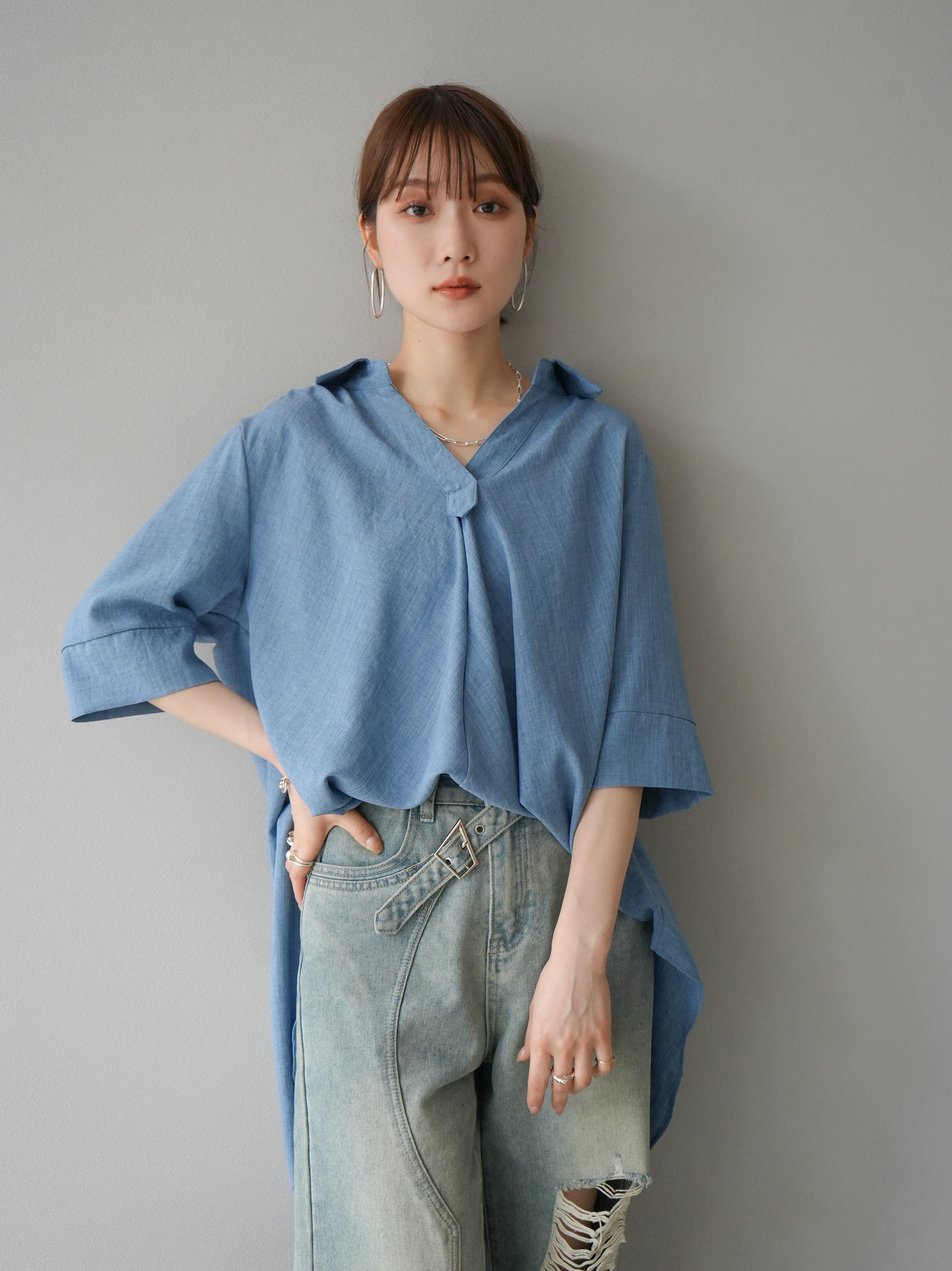 予約]リネンタッチハーフスリーブスキッパーシャツ/デニムブルー – Lumier