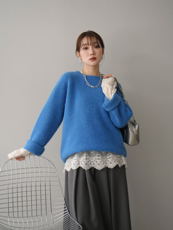 [SET]アンゴラタッチクルーネックニットプルオーバー+テープベルトタックバギーパンツ(2set)