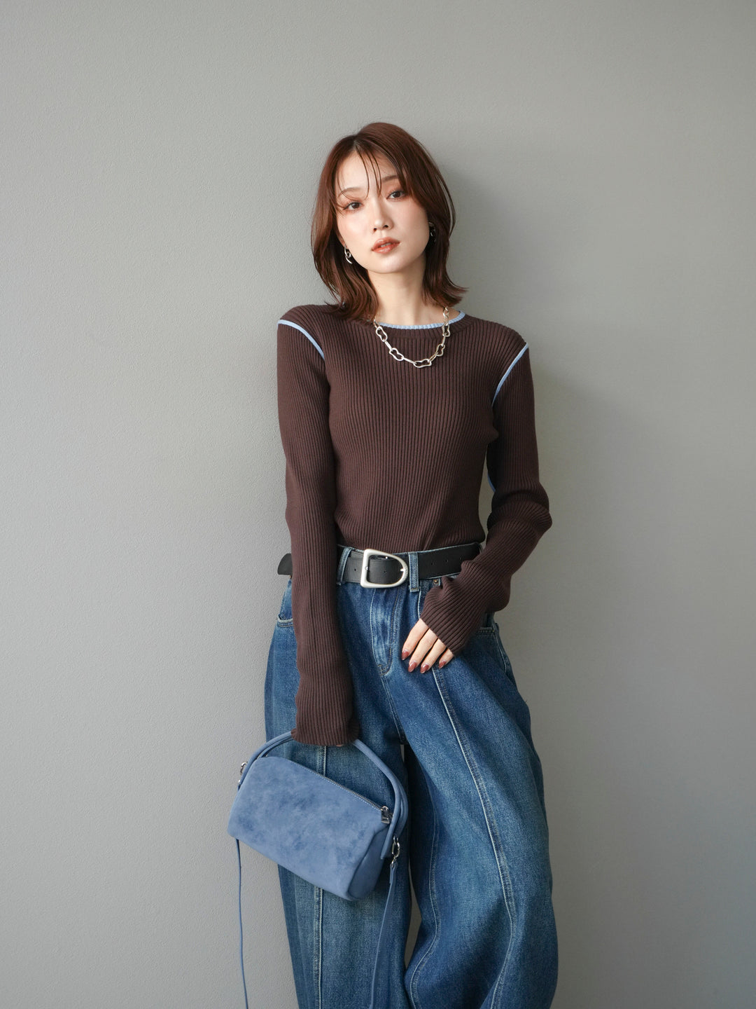 [予約]バイカラークルーネックリブニットトップス/brown