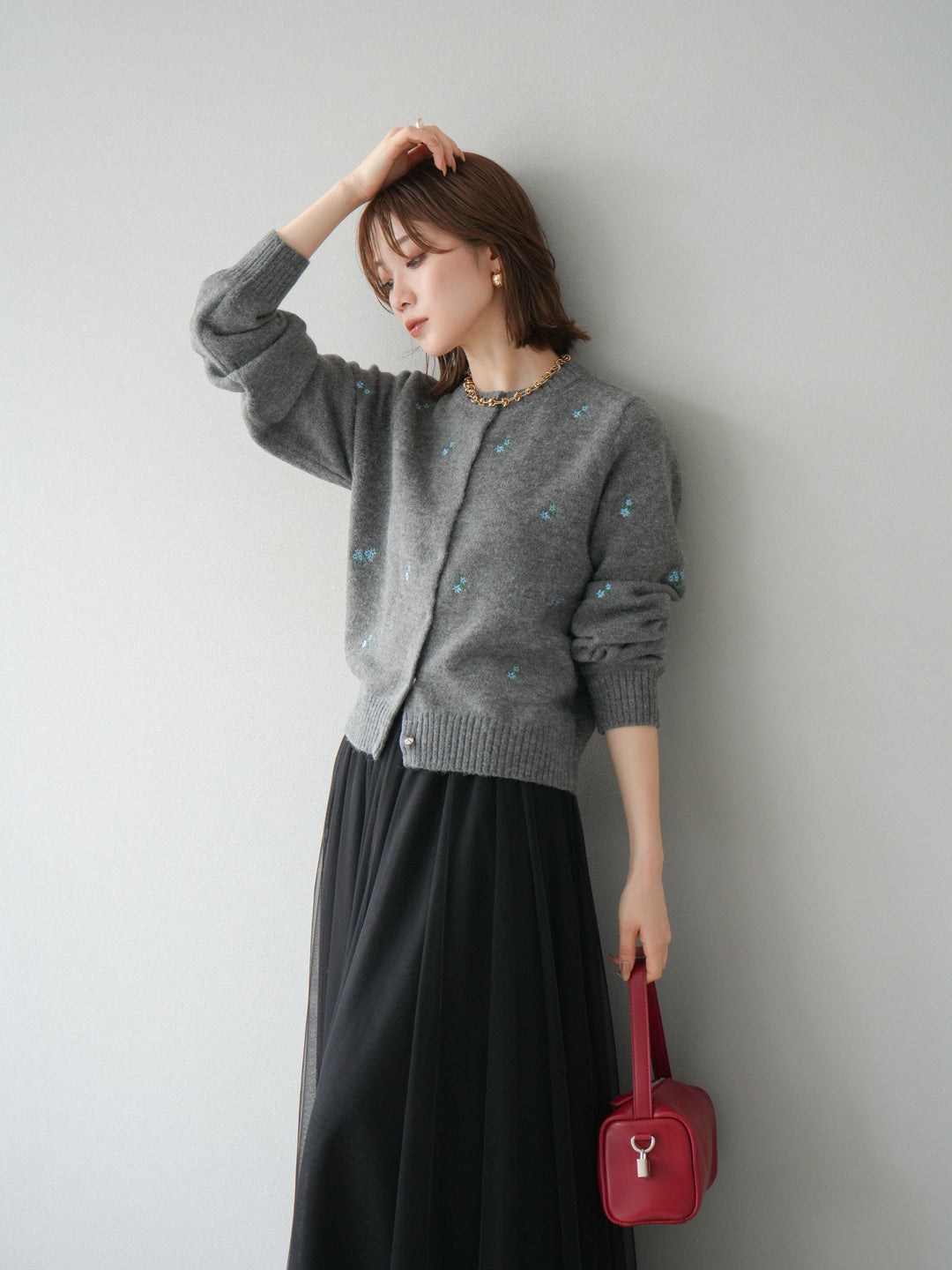 [SET]フラワー刺繍ニットカーディガン+チュールボリュームスカート(2set)