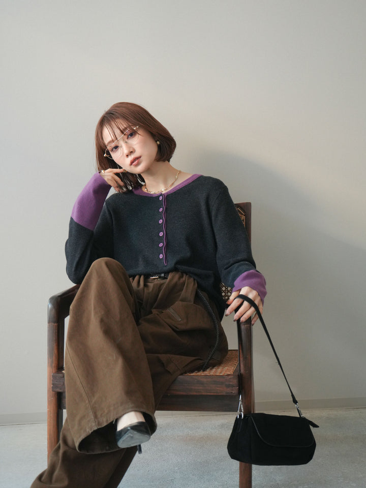 [SET]ヘンリーネック配色ニットソー+コットンタックループパンツ(2set)