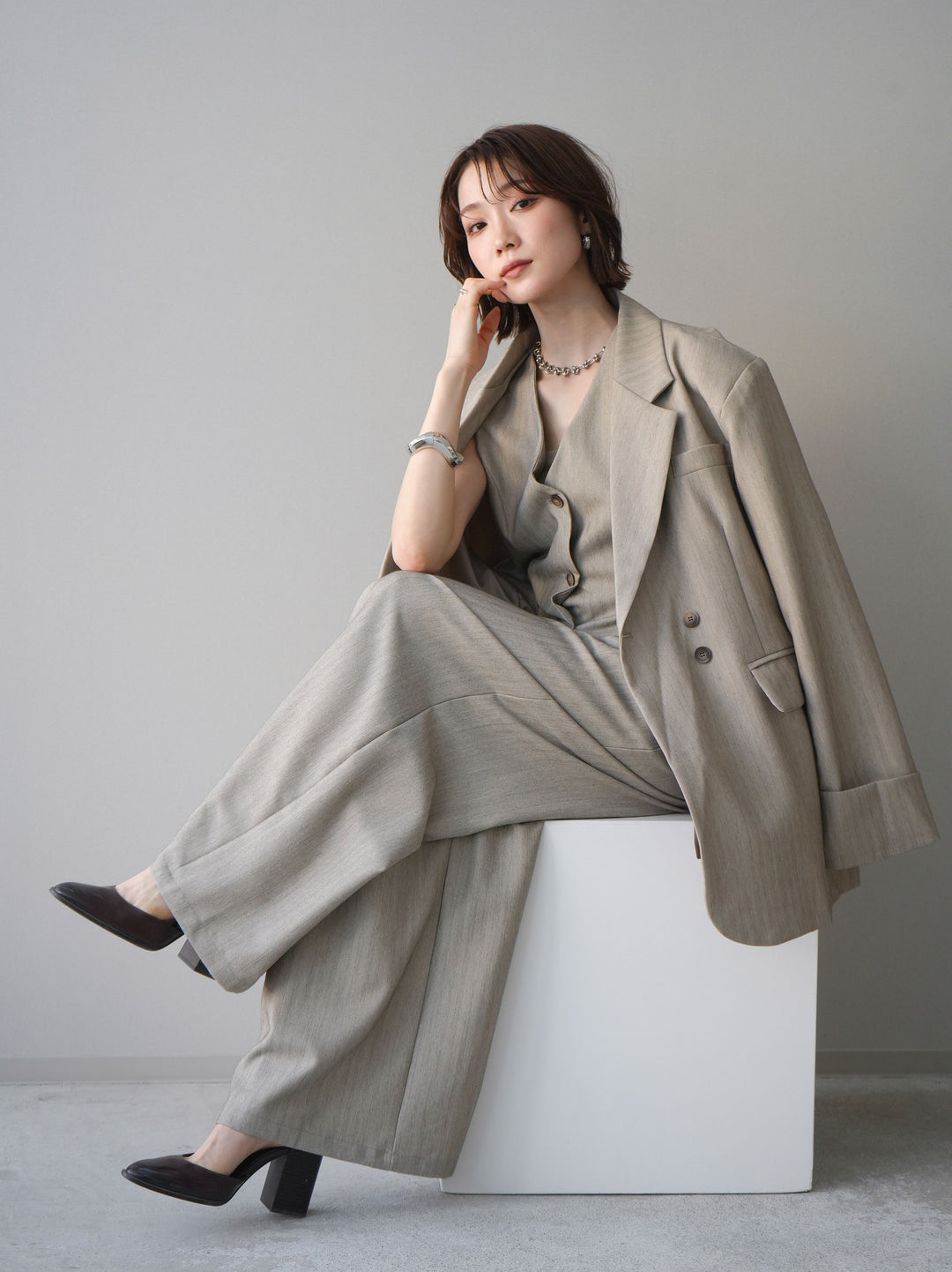 [予約]ダブルボタンヘリンボーンジャケット/beige