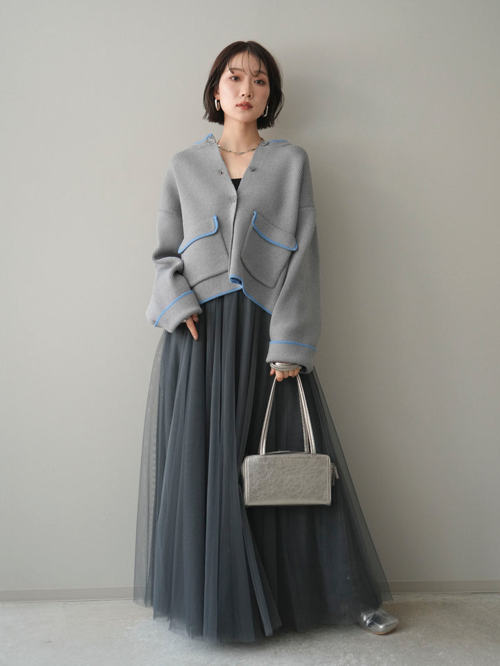 [SET]ポリエステル配色ニットカーディガン+チュールボリュームスカート(2set)