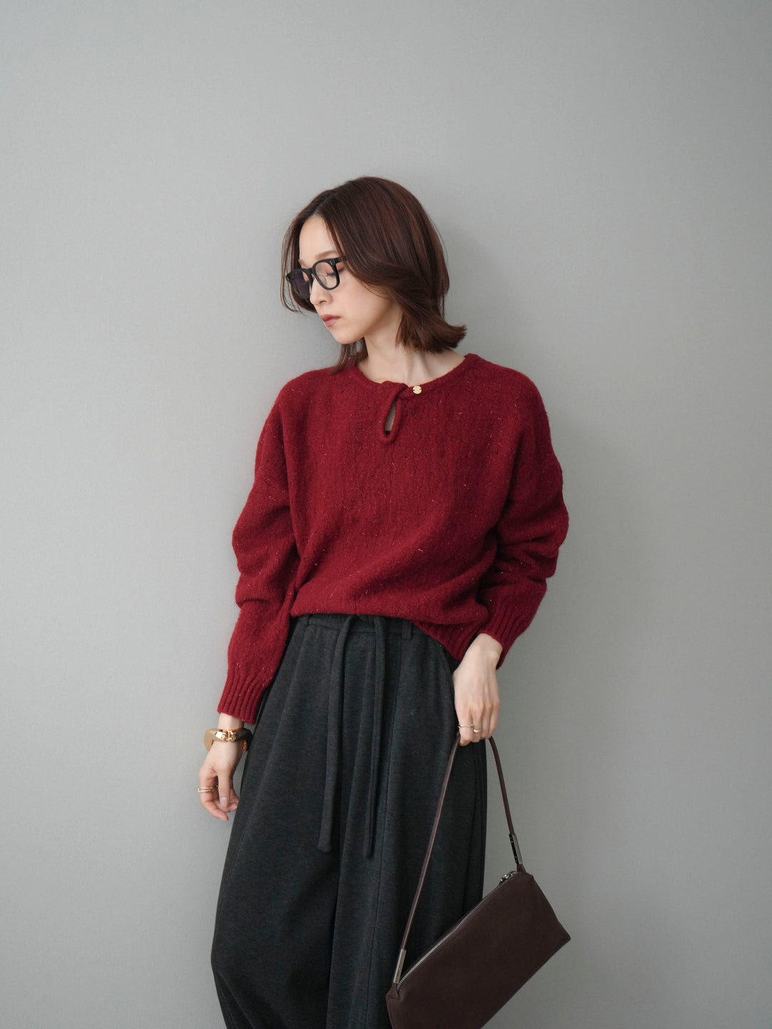 [予約]ツイストネックラメネップヤーンニットプルオーバー/red